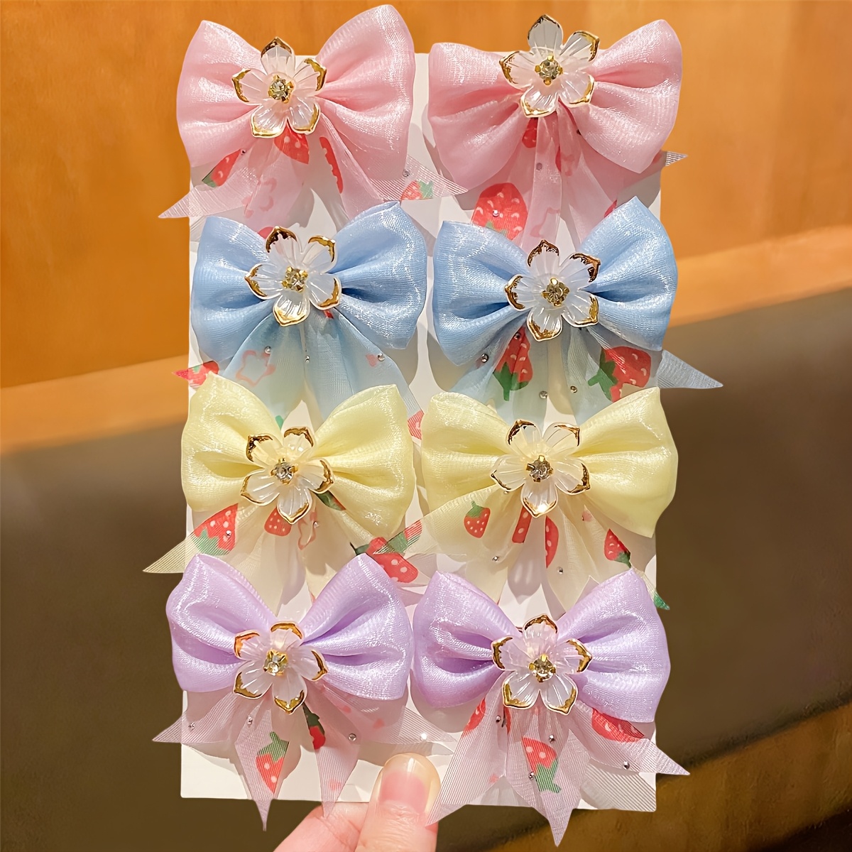 TEMU 8pcs Women's Easy Hair Clips Multicolor Sweet Bows With Strawberry Pattern And Glitter Flower Hair Additions, Suitable For Gifts And Daily Wear