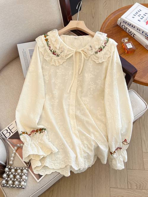 item picture sweet embroidered ruffle lace doll neck lace up loose long sleeve top shirt