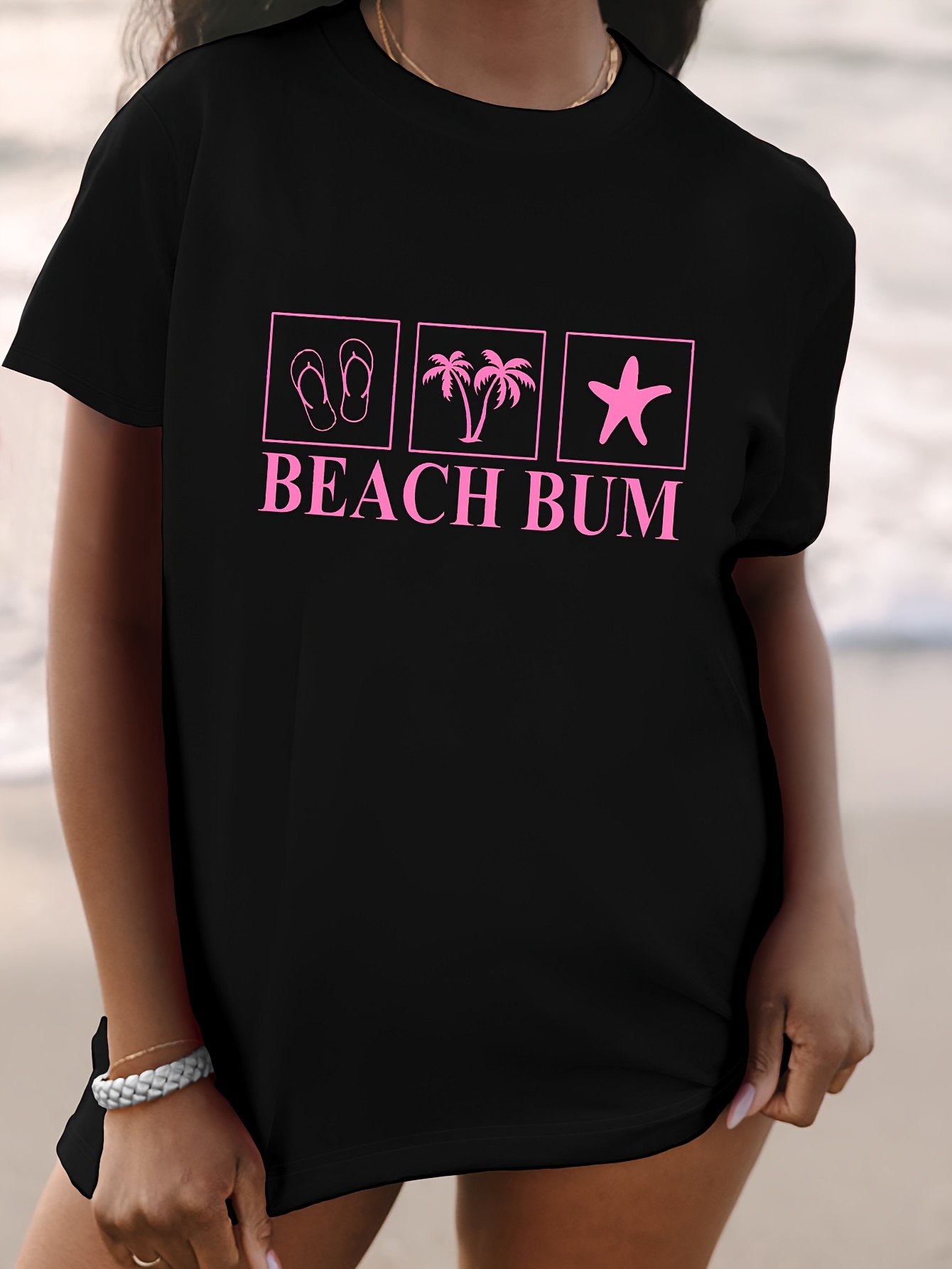 Beach Print T-Shirt, Crew Neck Short Sleeve T-Shirt, Casual Sport Women's  Clothing - Main Image