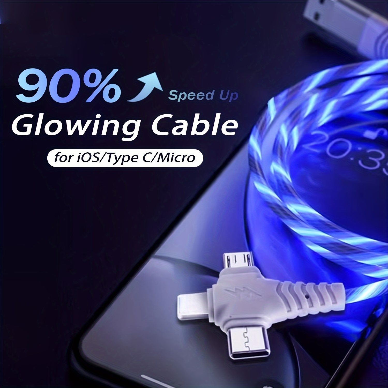 

3a Fast Charging Led Flowing Flat Cable 3 In 1 Multiple Usb To Male To Male Data Transfer Cord, 10-20w Power Output, Durable Abs Material, Compatible With Most Cell Phones