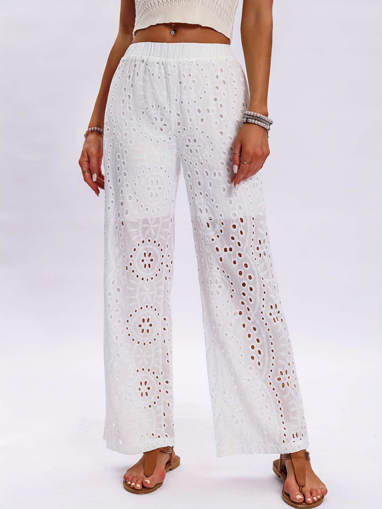 pantalon large élégant en dentelle brodée femme taille Temu France