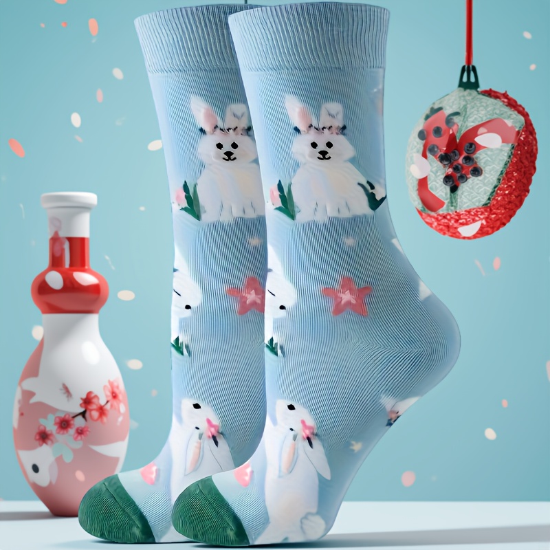Image of 1/2/3 Pairs Of Bunny Printed Women's Socks For Summer Back-to- Season, Fashionable Stockings Suitable For Shopping And Dating