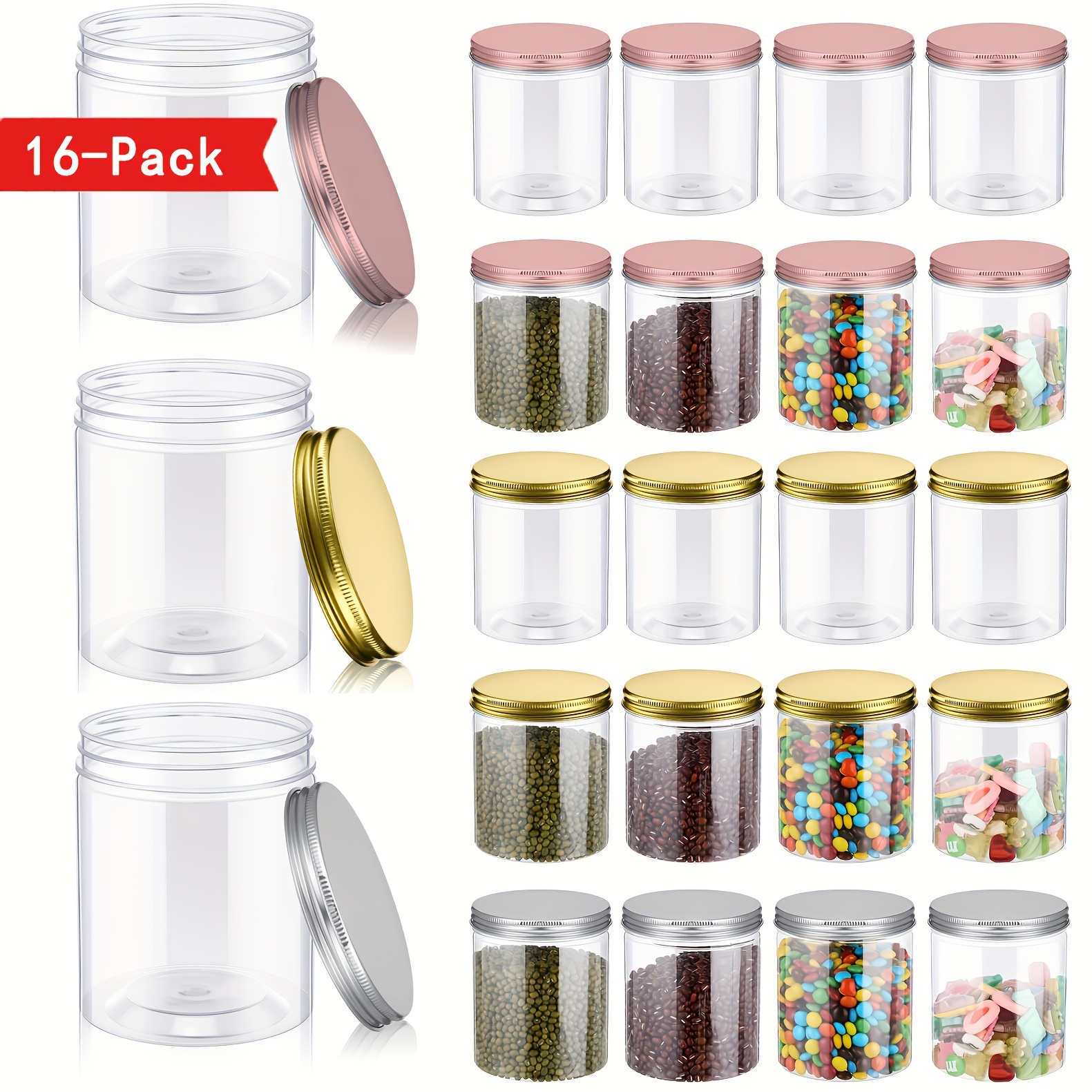 

16-pack 16oz Transparent Pet Plastic Refillable Jars With Screw , Unscented, For Home And Kitchen Pantry Organization And Storage, In Rose Golden, Golden, Silvery