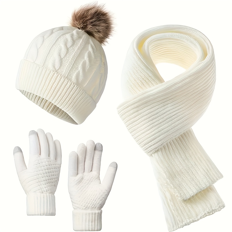 Women’s White Winter Beanie Hat Scarf & Touchscreen Gloves 3-in-1 Gift LOROME Women Winter Beanie Hat Scarf Gloves Set, Fleece  main image 4