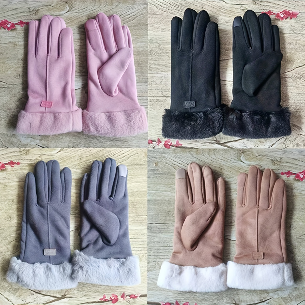 

Women's Casual Suede Full Screen Gloves For Cold Weather With Fleece Lining, Windproof Warm Knitted Cuffs, Elegant Solid Color - Suitable For Weekend Casual Wear