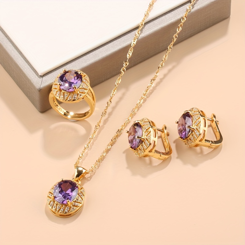 elegant 4 piece jewelry set 18k golden plated copper with synthetic zirconia stones french style necklace earrings and rings combo for daily wedding occasions christmas holiday theme   elegant accessory collection details 3