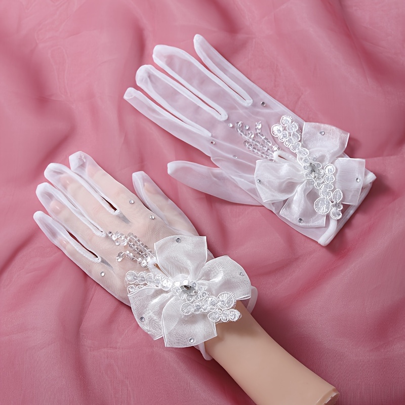 TEMU Elegant White Bridal Gloves With Floral Accents - Split Finger Design, Wrist Length For Women's Wedding & Party, Hand Gloves