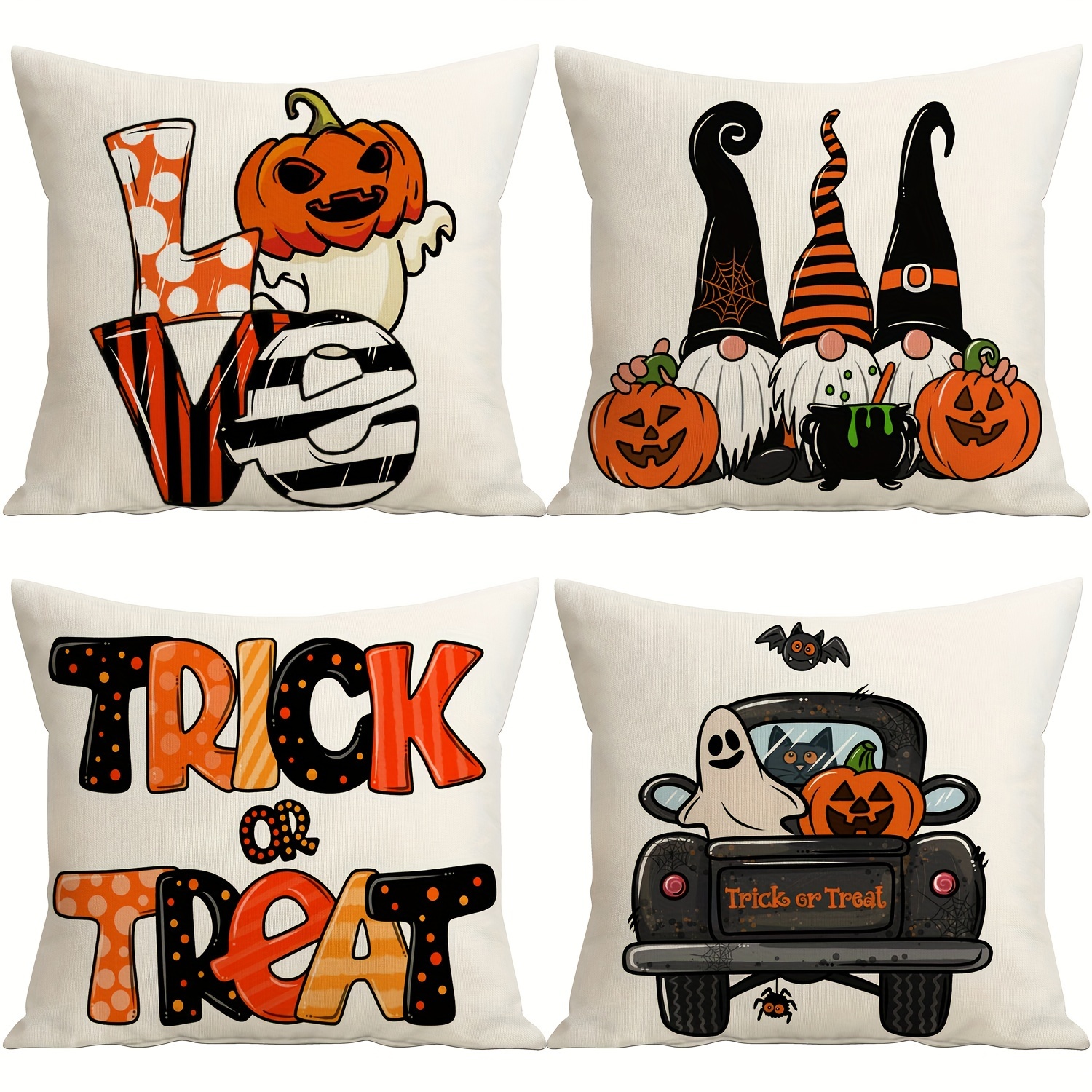 

4-piece Halloween Gnome & Pumpkin Throw Pillow Covers 18x18 Inch - Linen Blend, Zip Closure, Machine Washable For Sofa & Farmhouse Decor