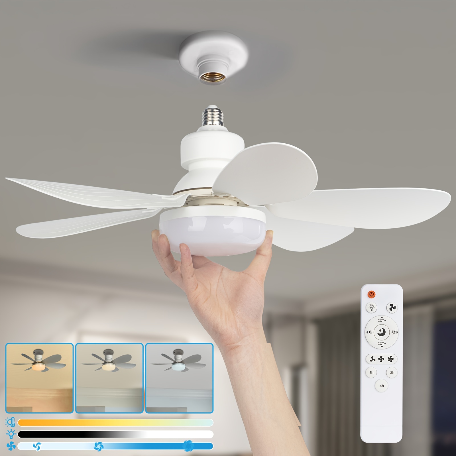 

Socket Fan Light With Remote, 20.5in Small Ceiling Fan With 3-, Dimmable Led, E26 Base, Light Socket Fan For Kitchen, Bedroom, And Small Rooms