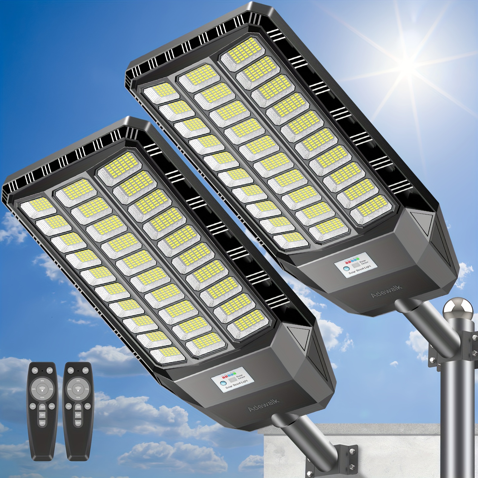 

Adewalk 2 Pack 6000w Solar Street Light, Commercial Solar Street Lights Outdoor Dusk To Dawn, Solar Outdoor Light With Motion Sensor And Remote Control, Solar Lights For Garage, Yard, Barn, Path