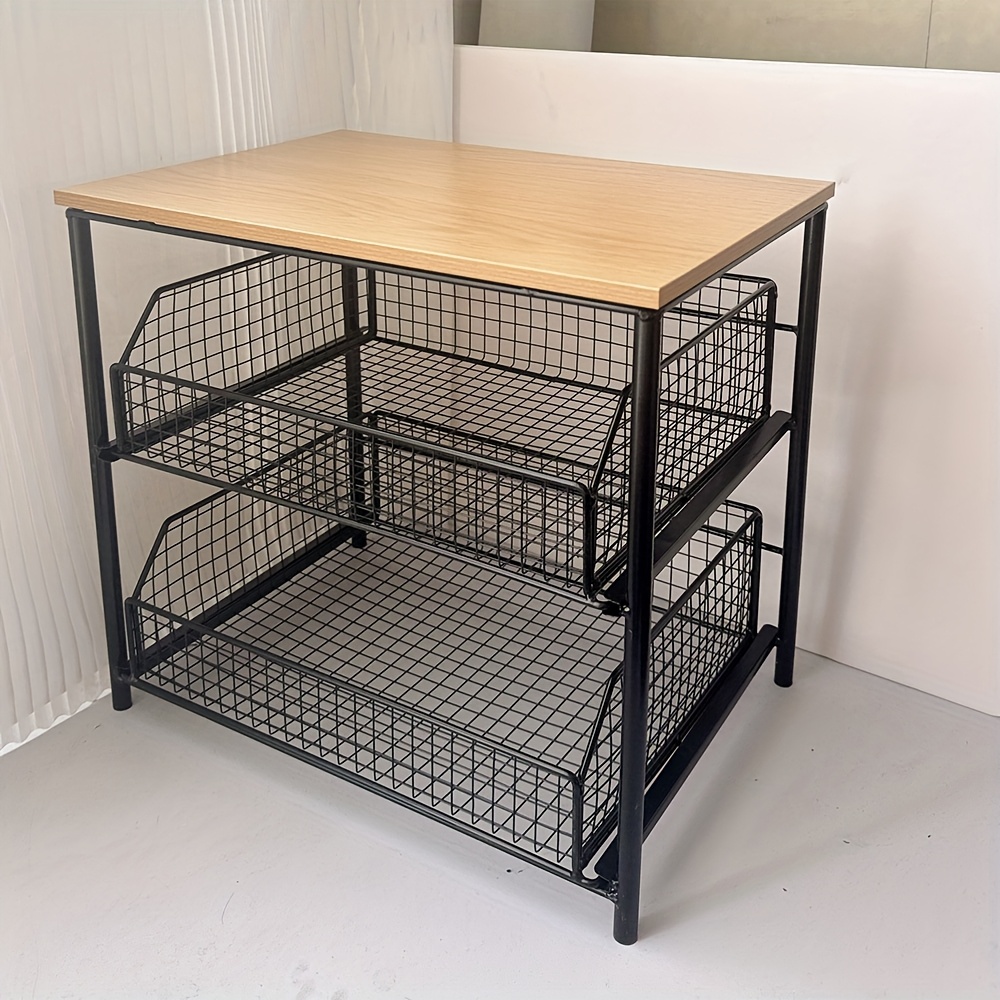 E-shop 1 Stück Platzsparende Küchenarbeitsplatten-Organizer mit Schublade Metallkorb – Stabiles Mehrschichtiges Aufbewahrungsregal aus Massivholz