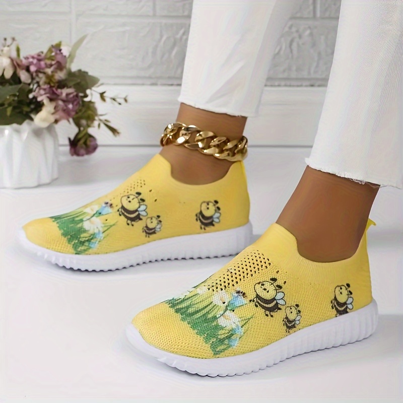 

Women's Casual Slip-on Sneakers, Bee And Daisy Print, Breathable Lightweight Outdoor Sports Shoes