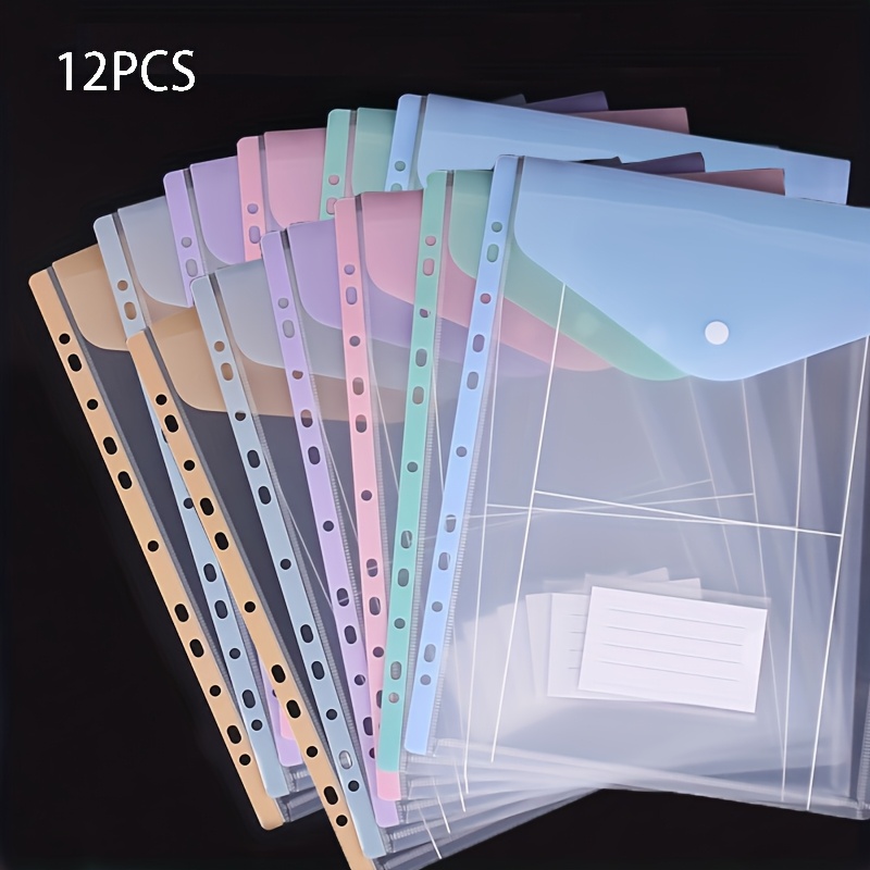 Image of 12pcs Vertical File Pockets, Suitable For 2/3/4-ring Binders, With Snap Closure And Label, A4 Transparent File Folder, For School Office Home Business Use, Random Color