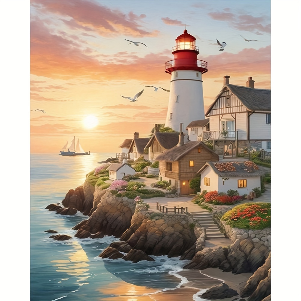 

Lighthouse Diamond Painting Kit 5d Diy Full Drill Round Diamond Art Embroidery Cross Stitch Landscape Picture Acrylic Craft For Wall Decor 40*50cm