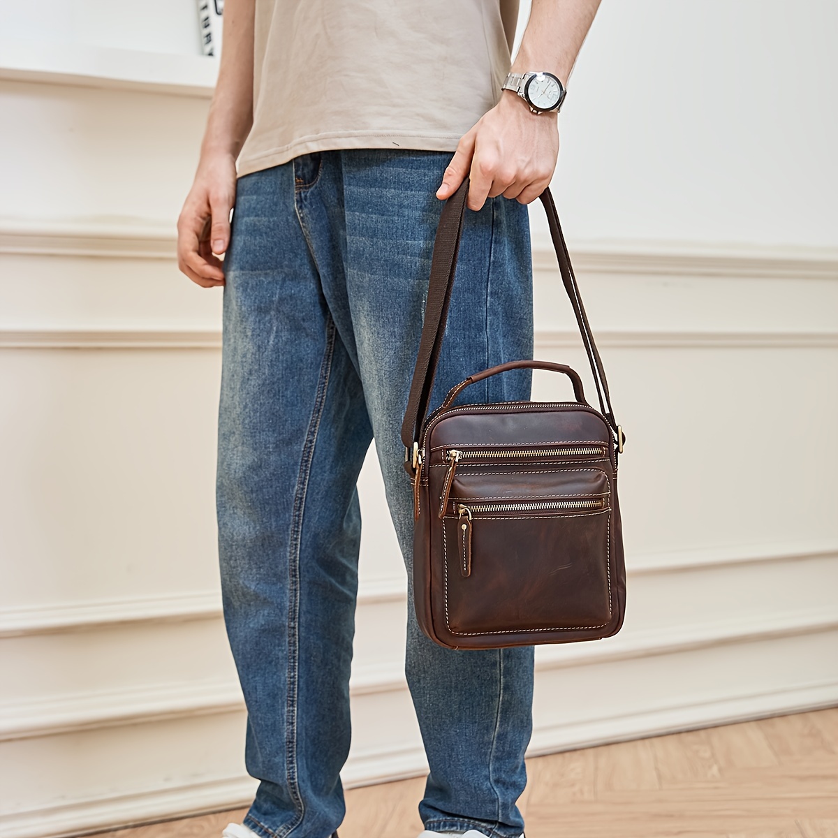 Petit sac messager en cuir pour homme, sac à main pour homme, sac à  bandoulière pour voyage randonnée – 21,6 x 25,