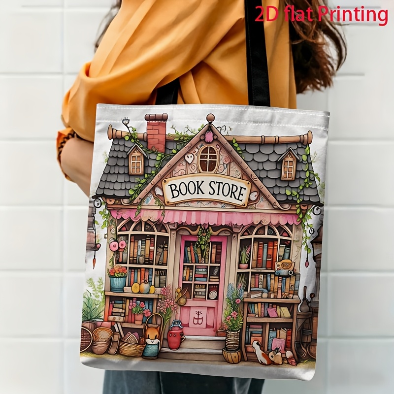 TEMU 1pc 2d Printed Fairy Tale Bookstore Small Animal And Floral Pattern Shoulder Bag, Vintage Artistic Daily Tote Bag, Large Capacity Lightweight