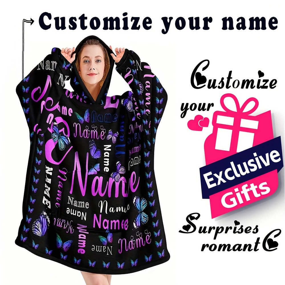 

Custom Name Purple Hooded Blanket - Cozy & Warm Flannel Wearable Throw With Pockets, Perfect Gift For Girlfriend, Mom, Or Lady