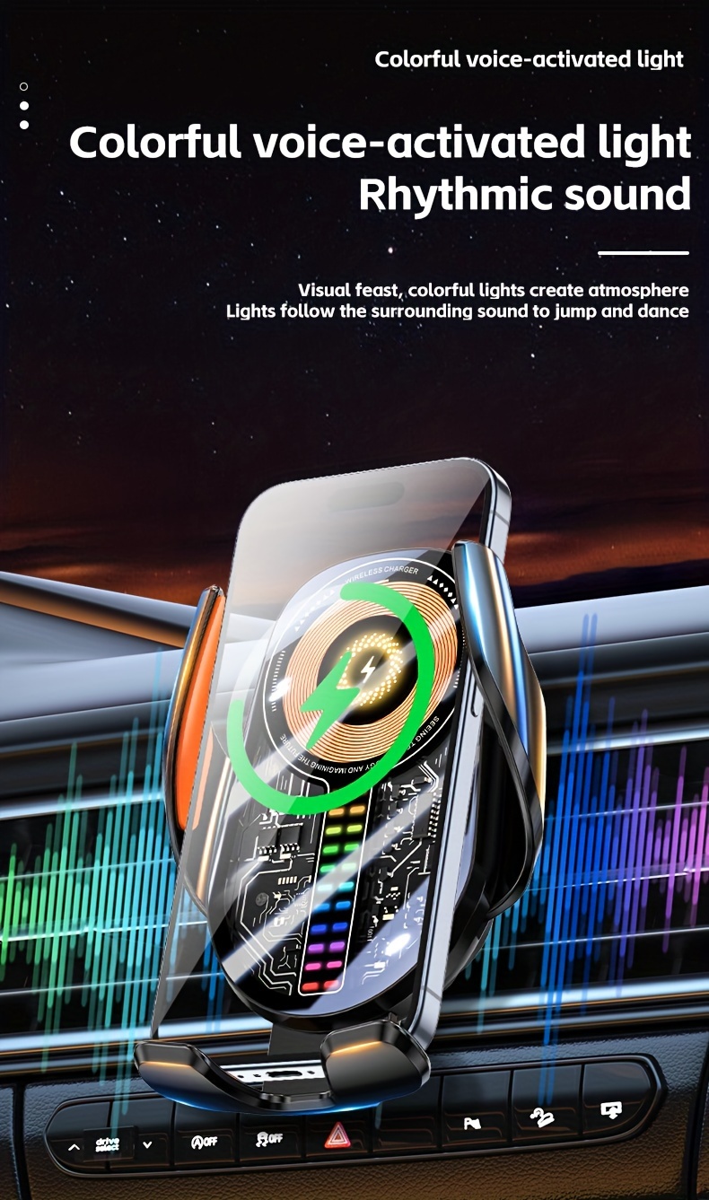 2024 smart wireless car charger stand with touch sensor 15w fast charging usb charging abs material rechargeable lithium polymer battery built in battery music ambient light effect details 6