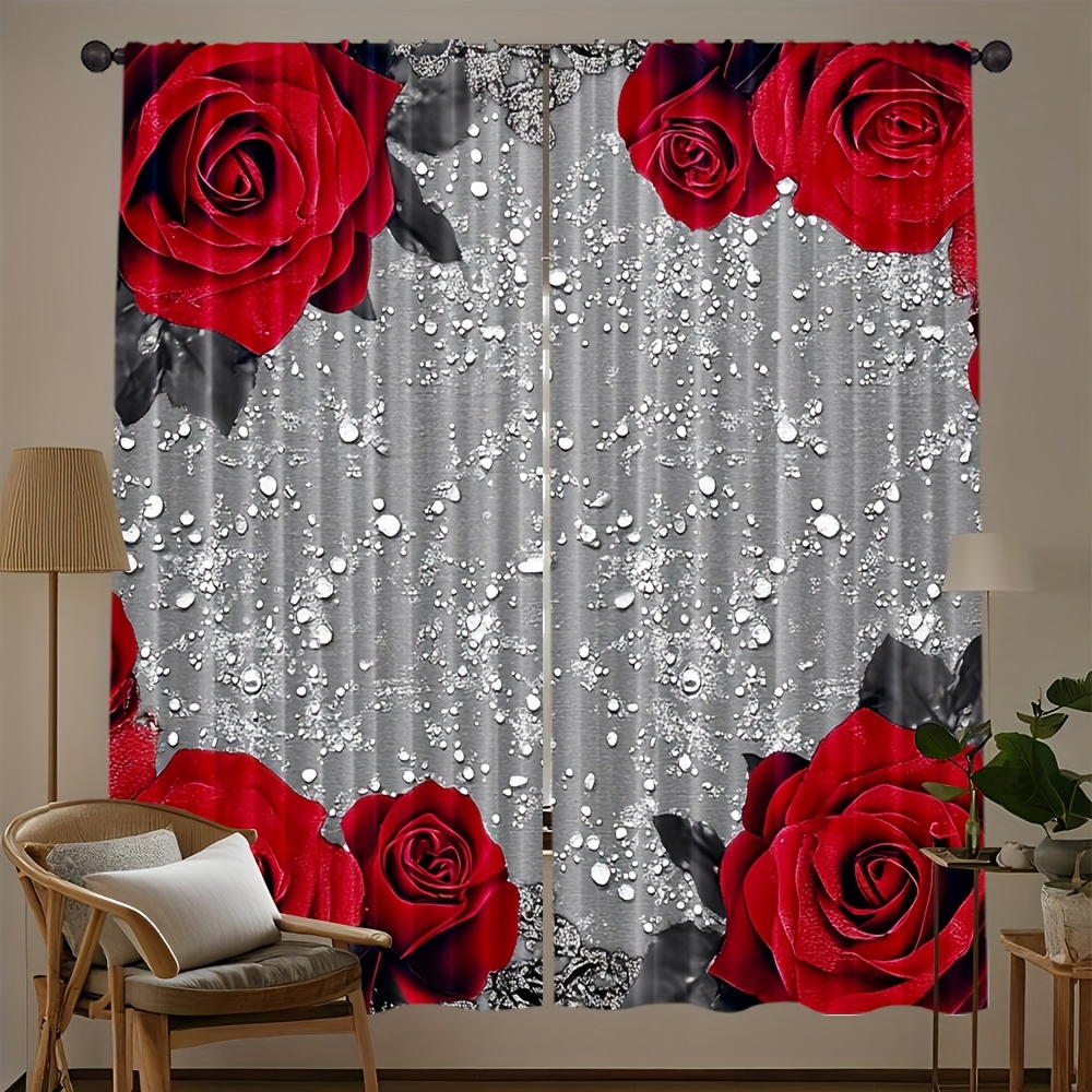 TEMU 2d Flat - 2pcs 2d Flat Printing 55x150cm/21.65x59 Inch, Happy Valentine's Day Curtain Set Red Rose Flower And Durable 100% Polyester Fabric.