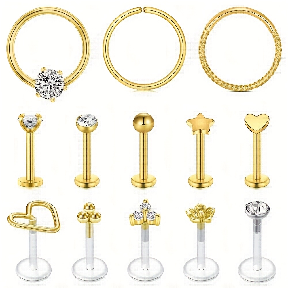 TEMU 13pcs Helix Cartilage Earrings Lip Rings Set, Style Cute Helix Studs Lip Labret Piercing Jewelry For Women, For Daily, Party, Sport, School, Gift For Your