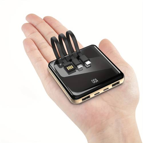 portable charger with built in cables 10000mah capacity featuring an led display this compact external battery pack offers 3 input options and 5 output ports making it suitable for charging phones