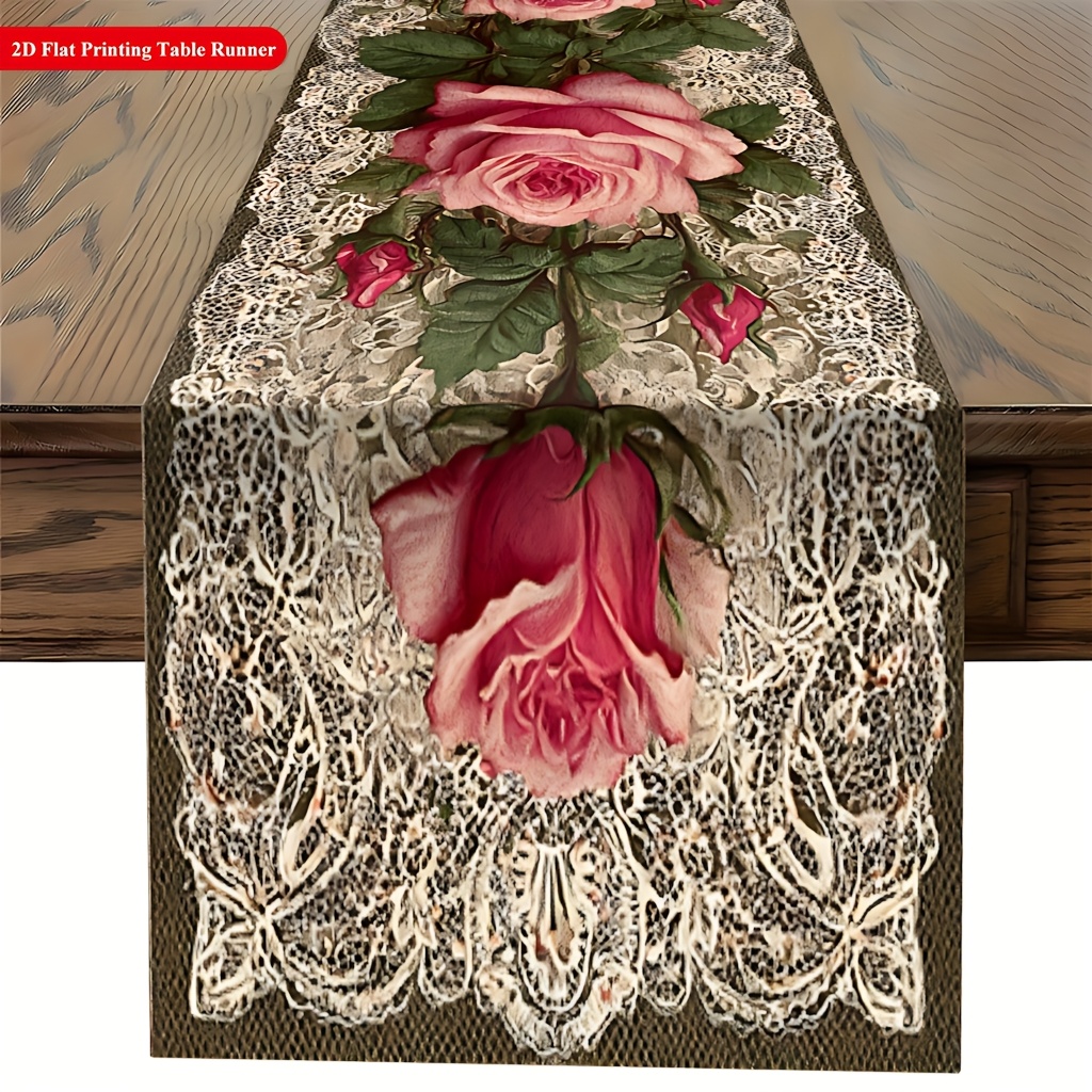 TEMU . . Vintage Tischläufer mit Spitzenbesatz blühender Rose, geeignet für Esstische, Couchtische, Hochzeiten, Geburtstage, Küchen – Rechteckiger