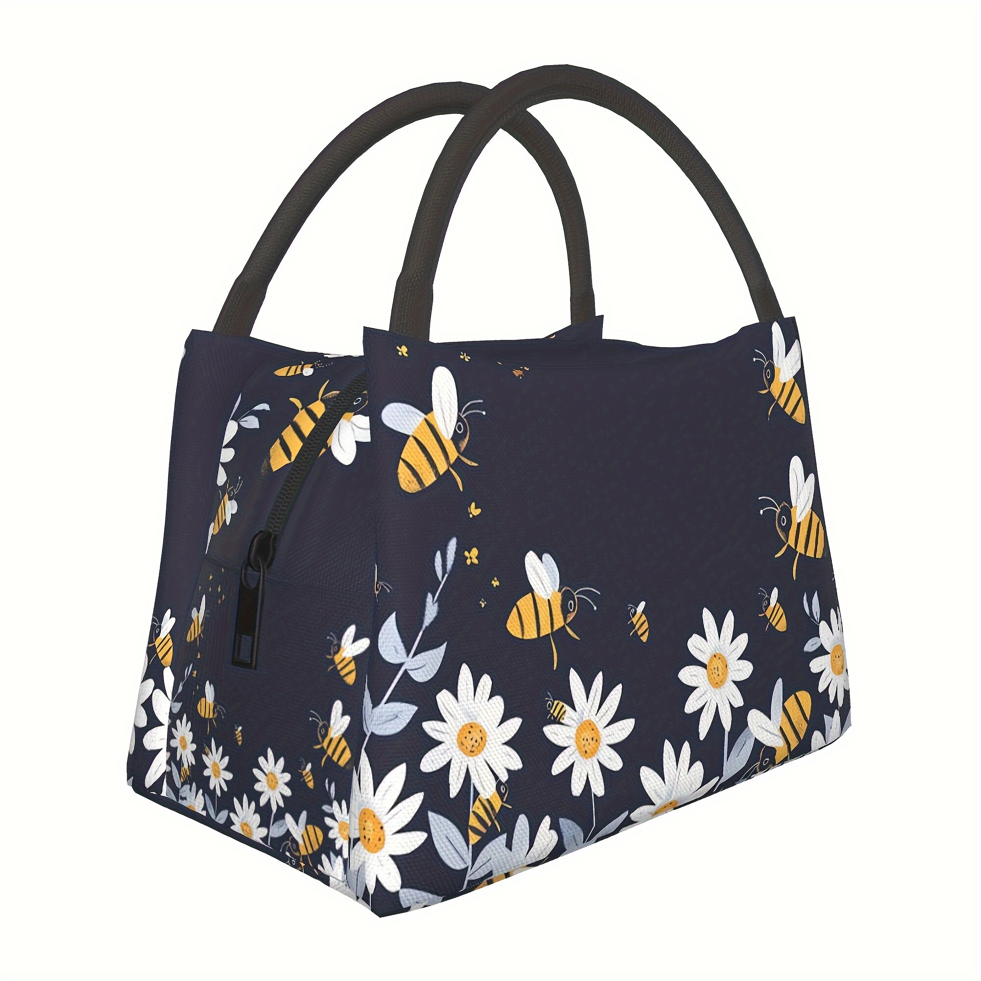 Image of Men Women Insulated Lunch Bag, Reusable Large Lunch Handbag With Zipper, Floral And Bee Pattern Portable Lunch Box Cooler Bag, Perfect For Travel, Picnic, Office And Work