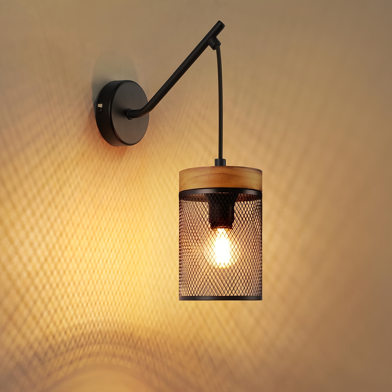 Image of Vintage Wall Light Indoor Wood: Black Wall Lamp Living Room Metal Grid Shade Industrial E14 Retro Wall Lighting For Bedroom Hallway Staircase - Bulb Not Included