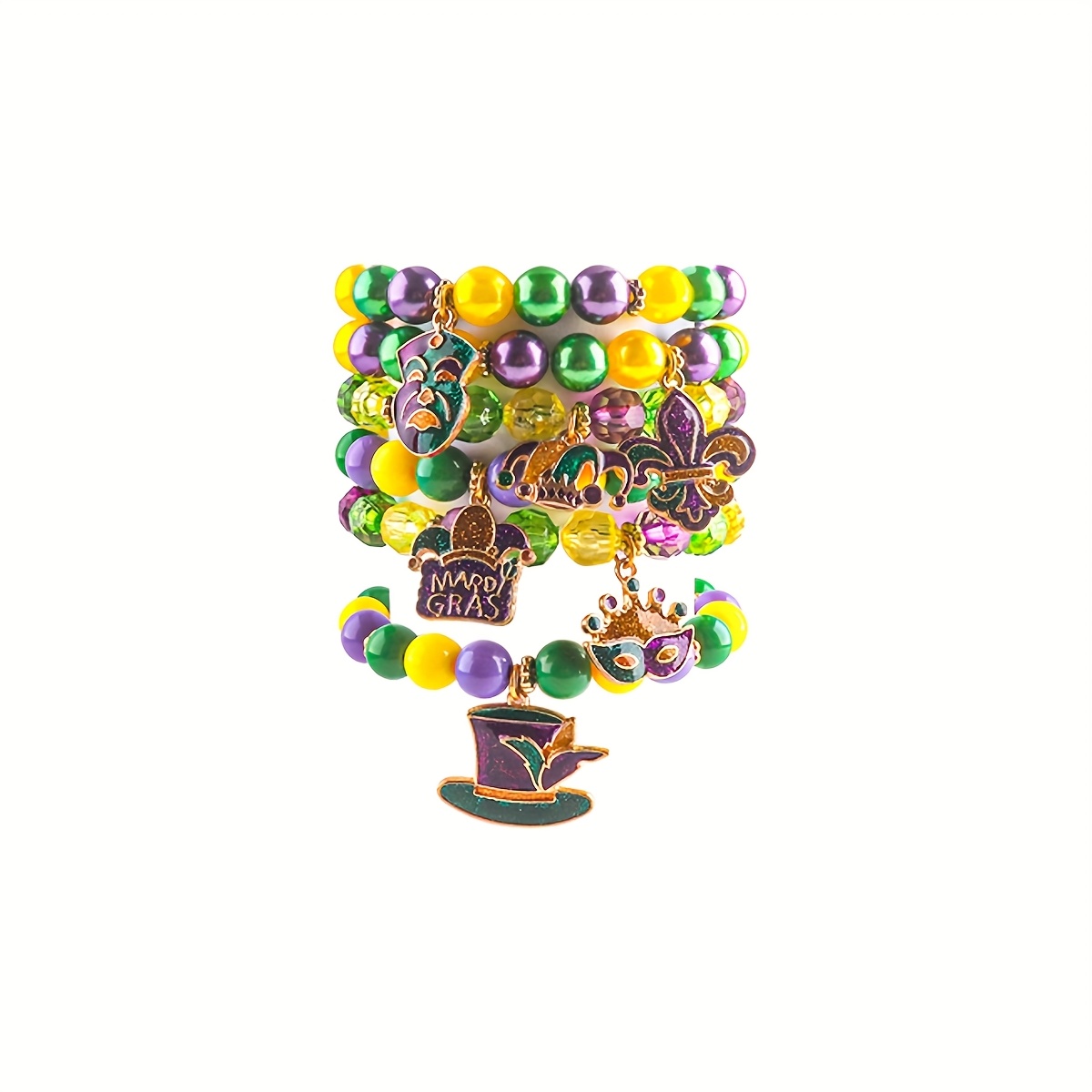 

6pcs Mardi Gras Stretch Beaded Bracelets, Cute & Elegant, With Carnival Crown & Mask Charms, For Festival Celebration, Mardi Gras Day Party Jewelry, All , Carnival/mardi Gras/masquerade