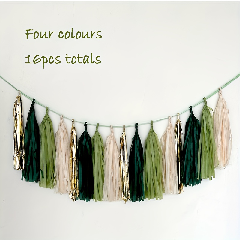 16pcs sage green golden tassels garland tissue paper tassels banner diy kit teal tassel garland teal golden birthday party decorations for wedding party supplies