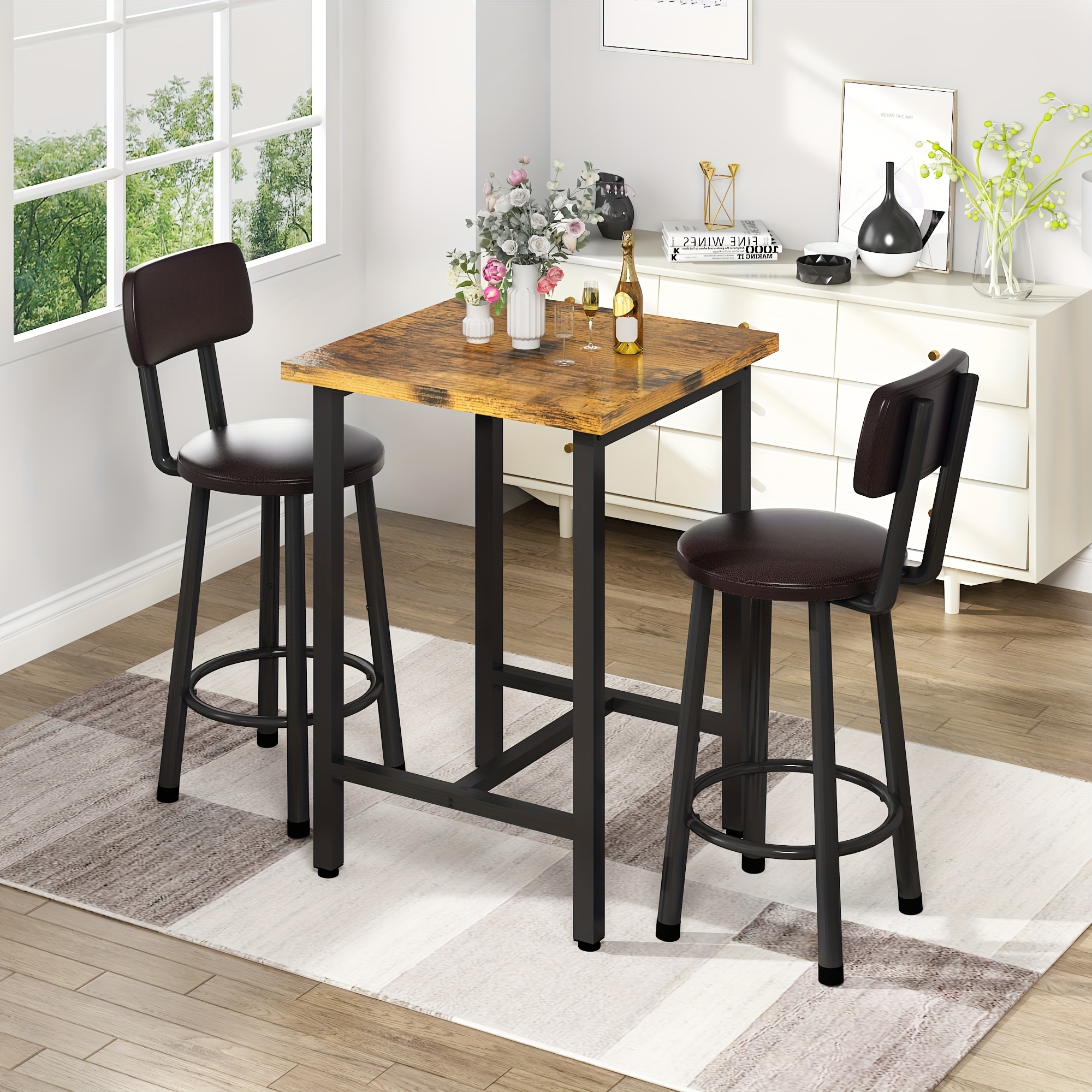 Bar Table And Chairs Set For 2, 3pcs Square Bistro Pub Table With 2 PU Upholstered Stools, Counter Height Dining Table And Chairs Set, Pub Hight Dining Table Set Other(Furniture) For Kitchen, Living Room, Small Spaces, Rustic Brown
