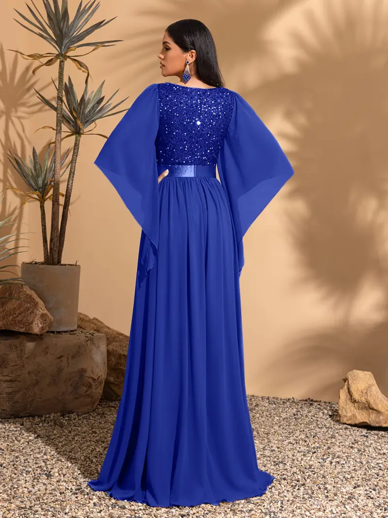Long evening dress for ladies with sequin splicing, elegant and chic, loose sleeves and waistline to * new style ball gown with wide skirt, party ... Long evening dress for ladies with sequin splicing, elegant and chic, loose sleeves and waistline to * new style ball gown with wide skirt, party ...