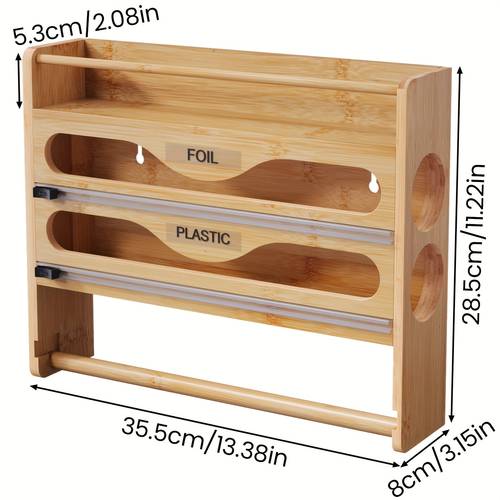 1pc bamboo kitchen paper towel holder 2 compartment plastic wrap cutter wall mounted storage box