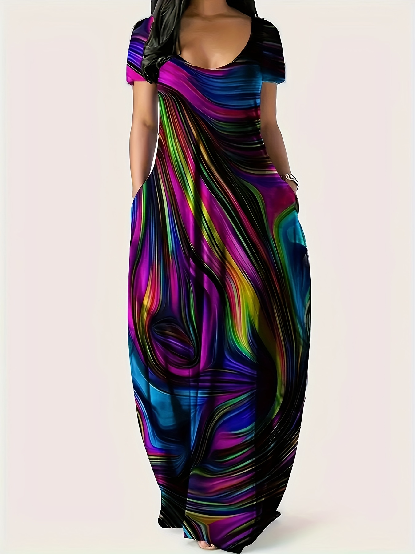 Plus Size - Plus Size - Colorful Maxi Dress | Elegant Fit and Flare Style  with Crew Neck, Random Print, Pocket Detail, Medium Stretch Fabric,  Suitable for Spring/Summer/Fall