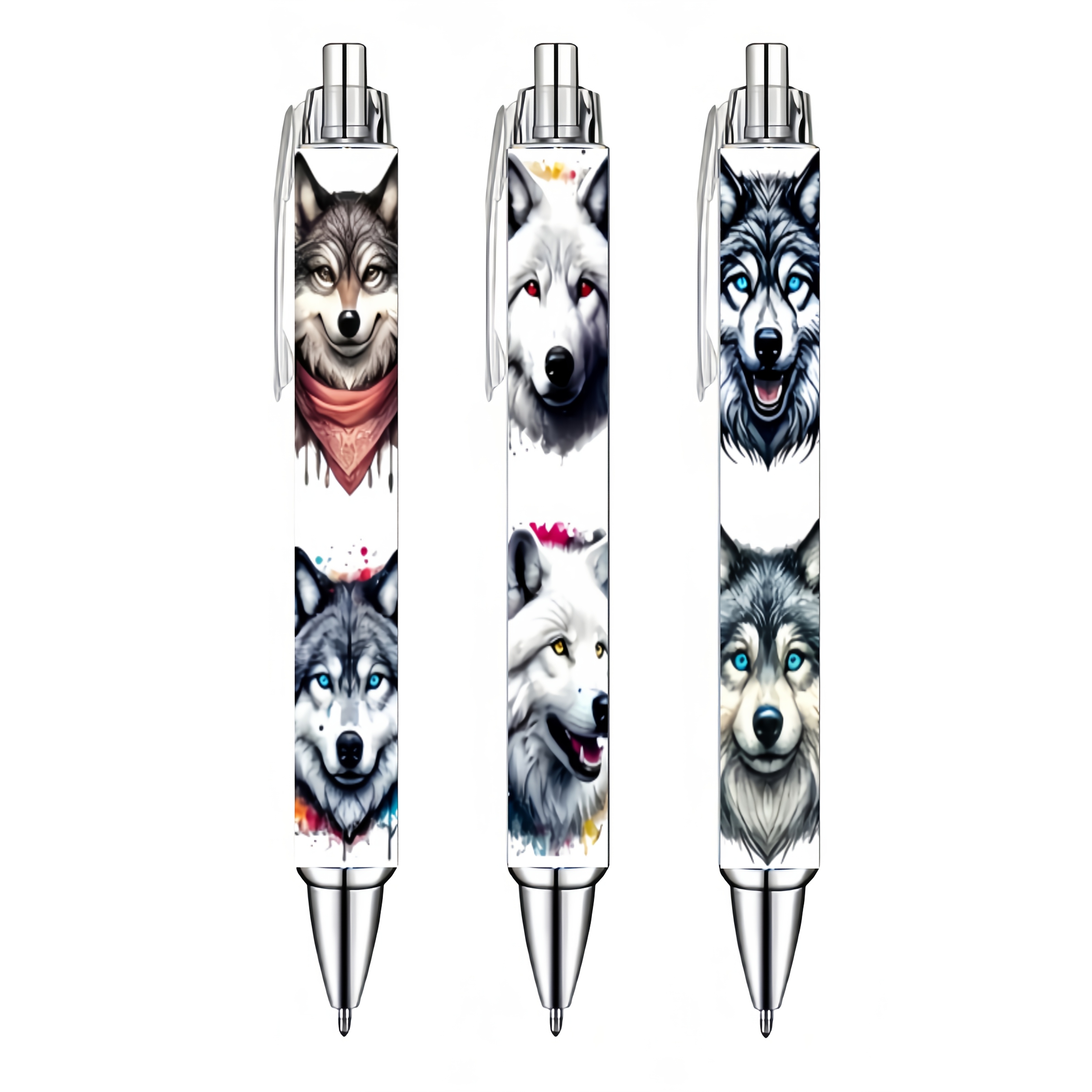 TEMU 3pcs Set Of Wild Wolf Head Pattern Press Pens, With Smooth Black Ink, Consistent And Non-smudging, Ideal For Notes, , And Daily Writing,