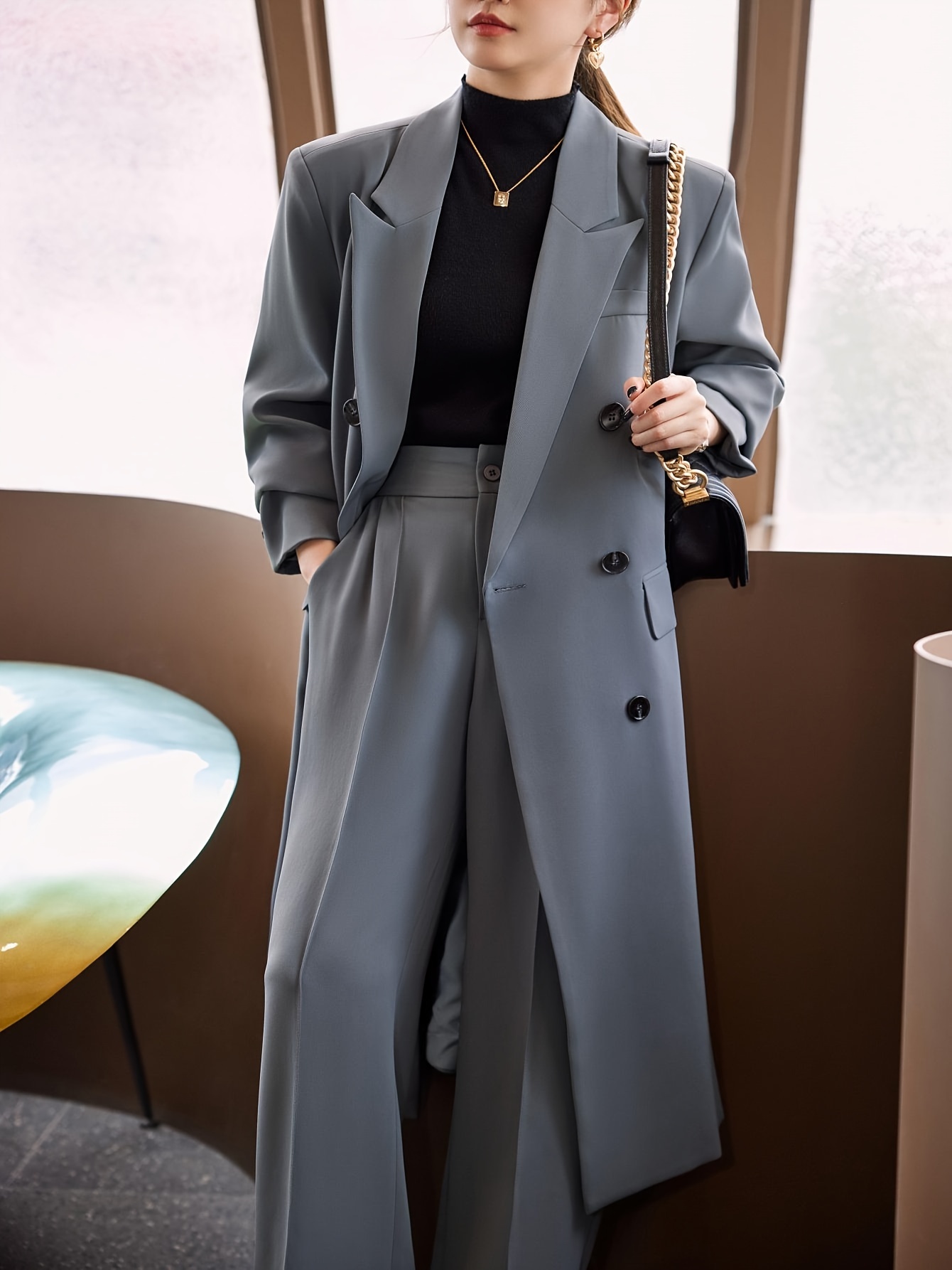 chic double breasted trench coat women 100 polyester solid - Temu