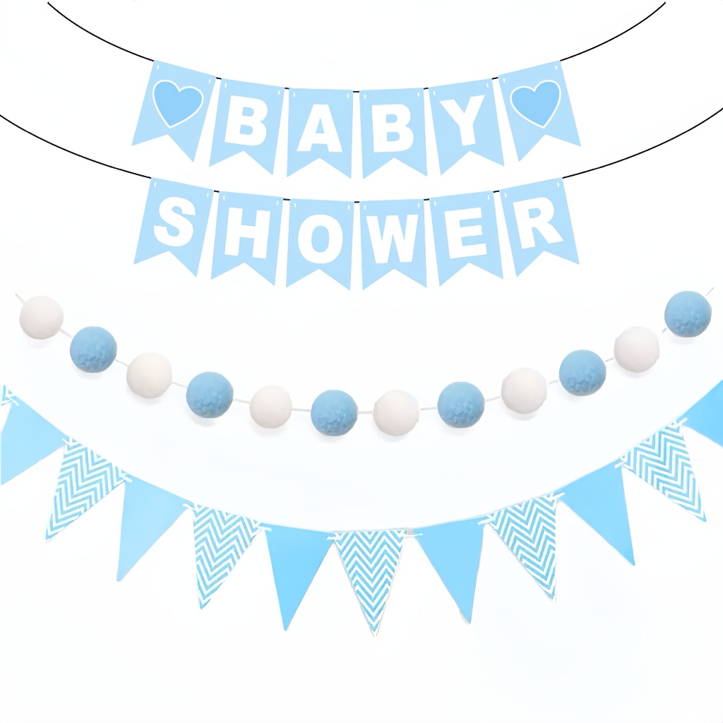 Image of A Set Of Blue Baby Shower Banners With Pom-pom Garlands And Triangular Flags, Baby Shower Decorations, Baby Shower Signs, First Birthday Party Supplies