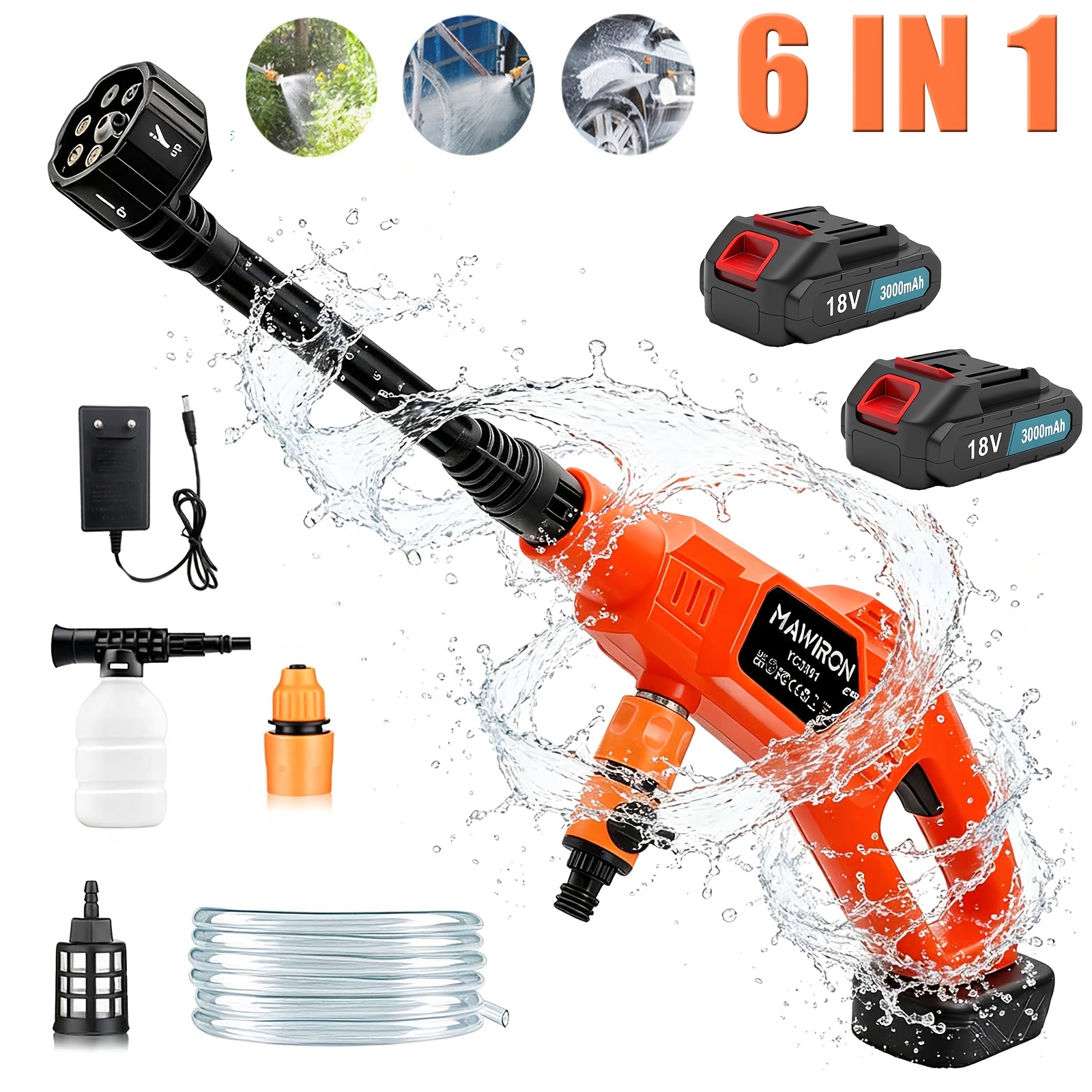 260w Pressure Washer, 6-in-1 Adjustable Nozzle Cordless Pressure Washer With 2pcs 3000mah Battery And Charger, 5m Hose, 18v Electric Gun Kit For Car Garden Cleaning
