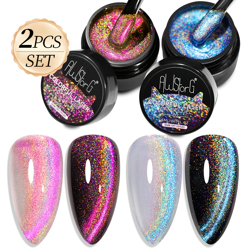 Image of Awstorf 2pcs/set 5ml Rainbow Cat Eye Magnetic Gel Nail Polish Colorful Laser Sparkling Led Semi-permanent Gel