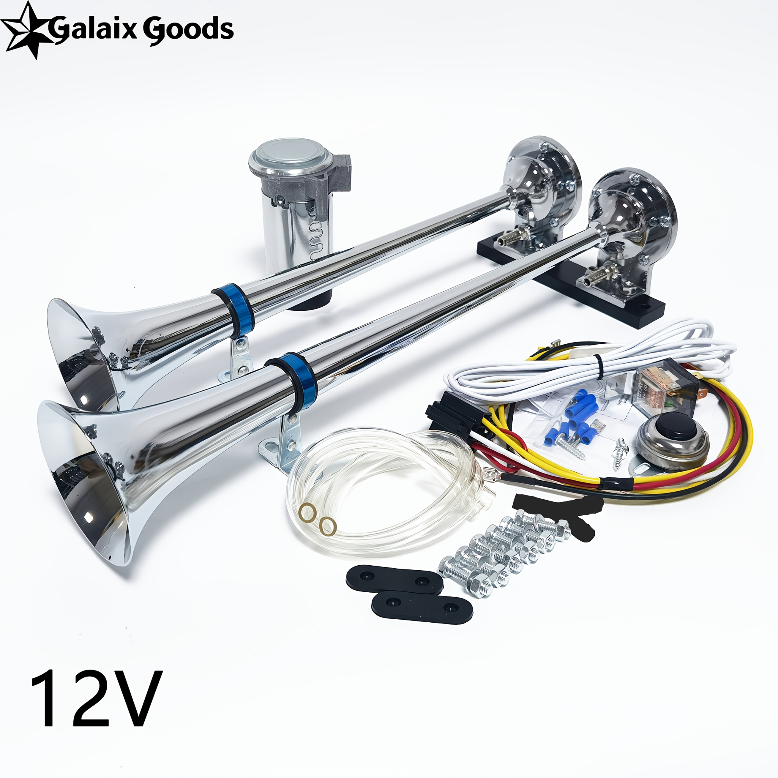 Image of Silver 17 Inch Double Tube Air Horn Set 12/24 Vairhorn Alloy Marine Horn For Boats, Sailboats, Yachts, Trucks, Suvs, Rvs, Caravans, Etc