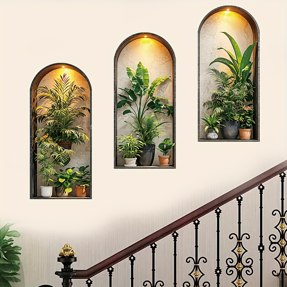 Image of 3pcs Nordic Plant-themed Simulated Arched Window Flower Pot Wall Sticker, Self-adhesive Removable Decorative Sticker, Suitable For Living Room, Dining Room And Study Wall Decoration