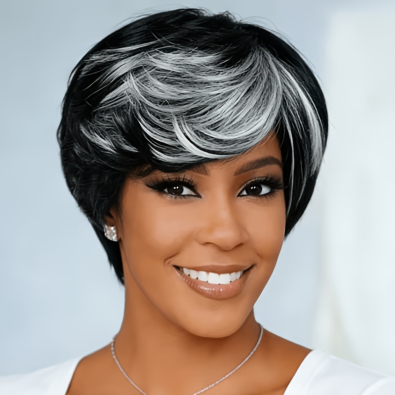 TEMU A Women's Human Hair Wig Designed With A Short, Layered Cut, Offered In A Blend Of Colors (black And White). This Peruvian Wig Comes With Bangs