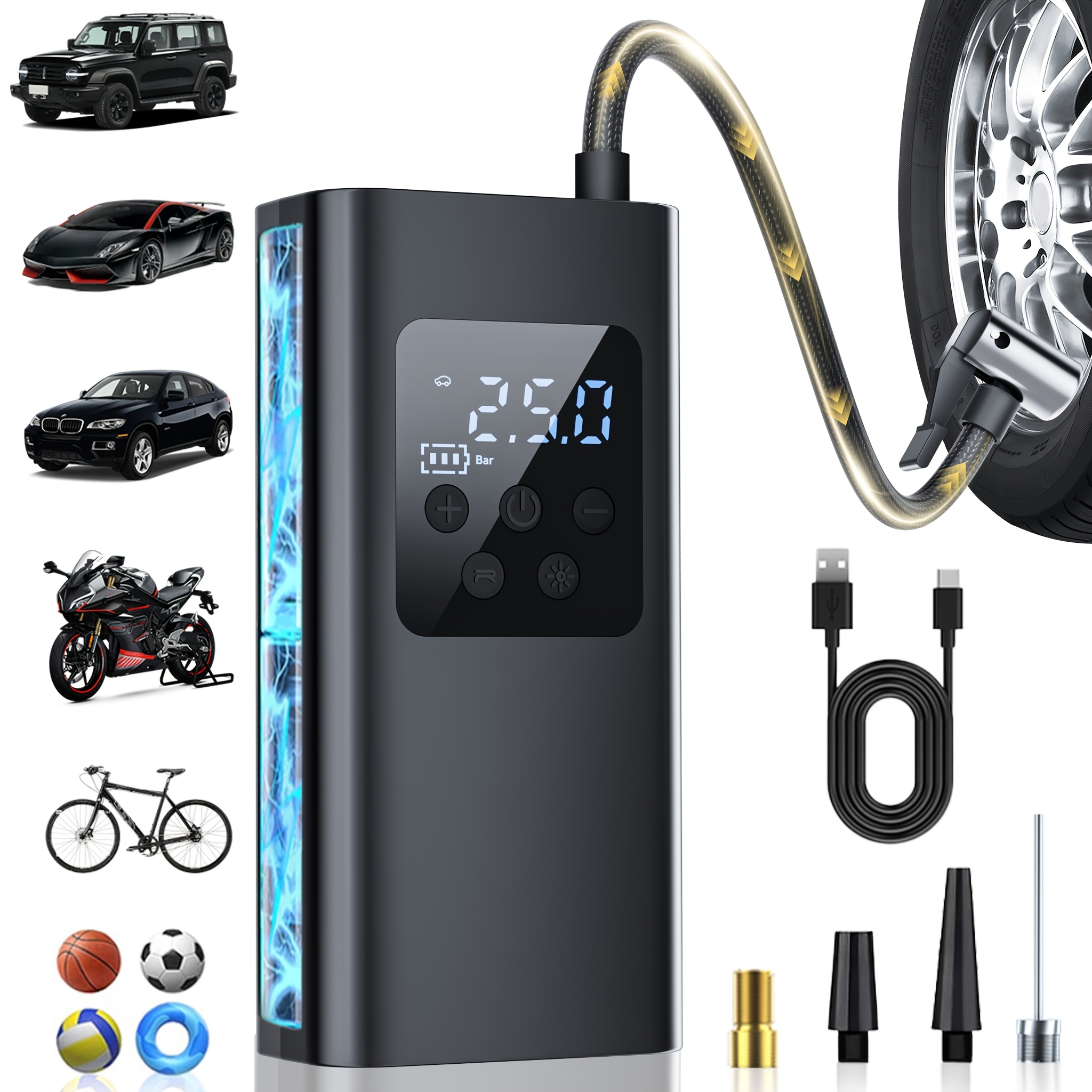 portable electric inflator wireless   air compressor with led light   suitable for cars motorcycles bicycles balls and inflatable swimming rings car air pump lightweight inflator portable compressor