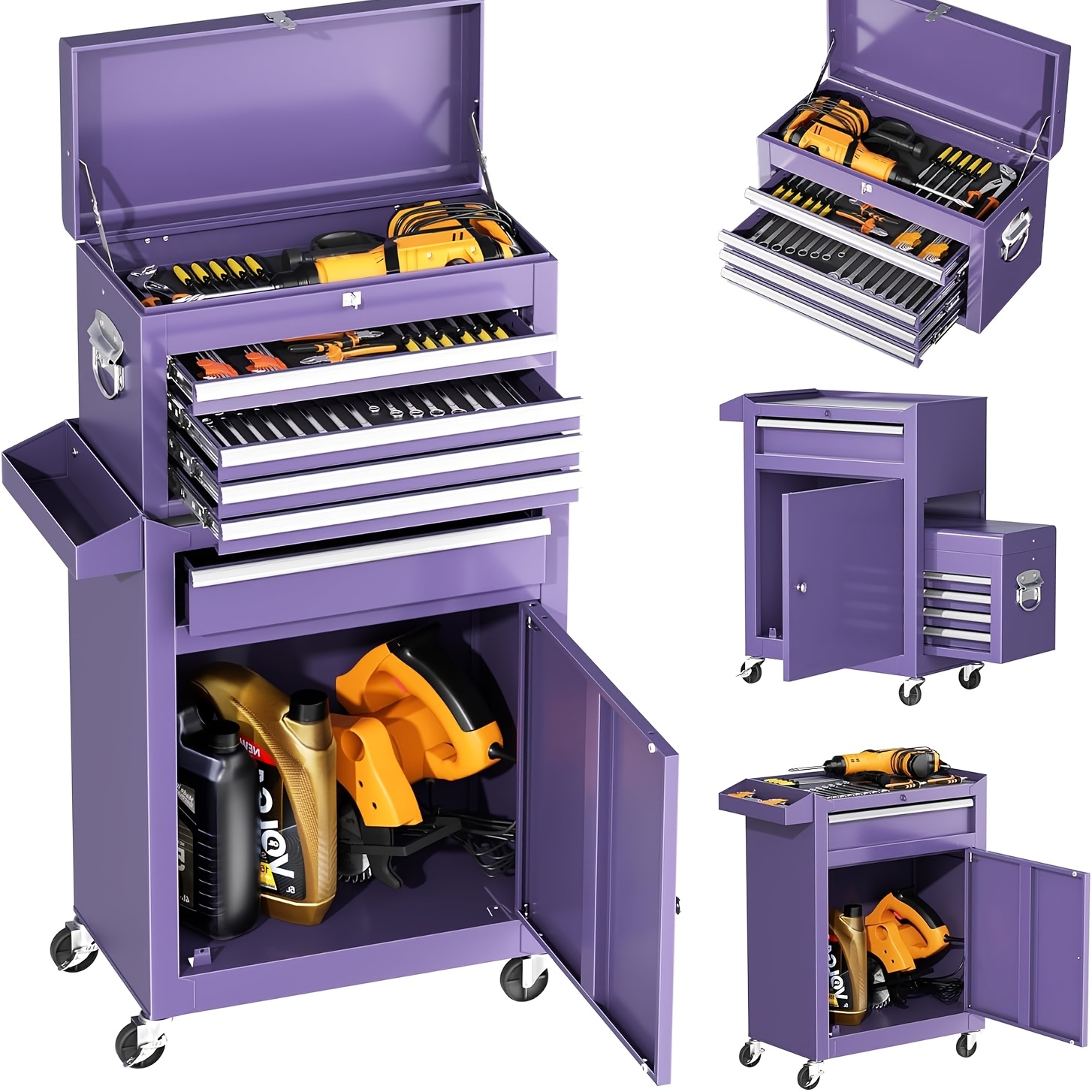 

5-drawer Rolling Tool Storage Cabinet With Detachable Box, Tool Chest With Universal Lockable Wheels, 2 In 1 Metal Tool Cart For Home Office, Warehouse, Garage, Workshop, Barbershop