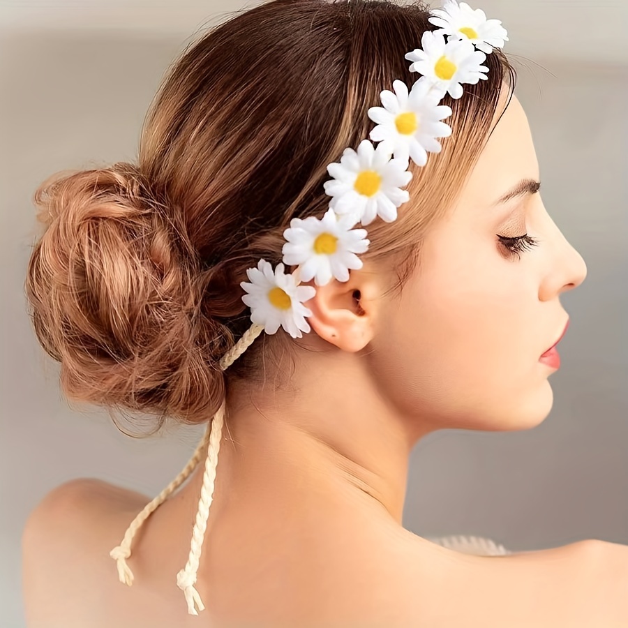 

Bohemian Daisy Flower Crown Headbands - Spandex Material For Normal Hair - Non-textile Weaven Festive Hairbands With Adjustable Ribbon Tail For Beach Vacation, Bridal Party, Photoshoot Accessory
