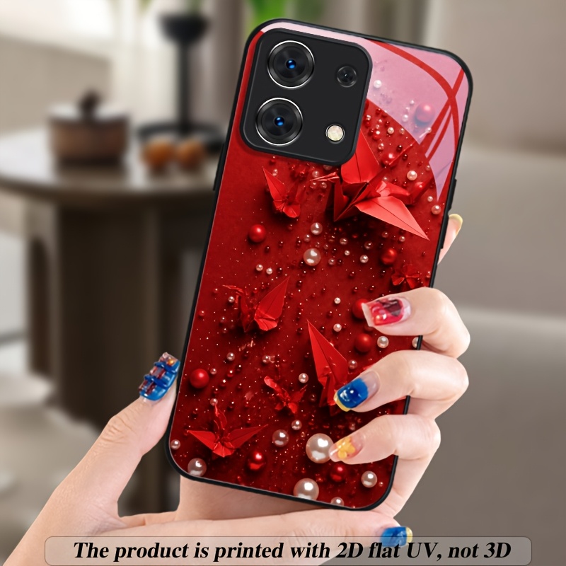 휴대폰 케이스 - 2d 플랫 강화 유리 폰 케이스, 카메라 보호 기능 포함 (xiaomi redmi 10 10a 10  12 12c 13 13c 14c redmi note 13 14 pro+ 10 10s 11 11s 12 13 red origami 패턴)