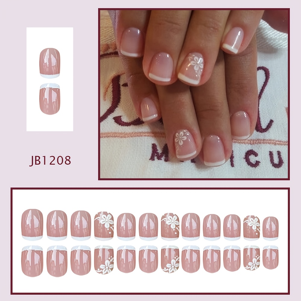 TEMU avec une Base Transparente Glacée, Petits Ongles Carrés Courts à Motif Floral Blanc Peints à de Style Français à Bord Blanc. Doux et Élégant,