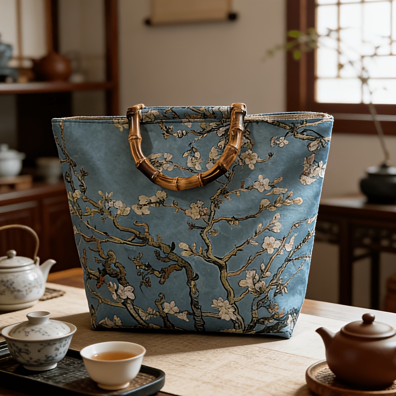 TEMU 여성용 대용량 살구꽃 토트백, 빈티지 대나무 绕节 손잡이 탑핸들 숄더백, 예술적인 유화 스타일 출퇴근 가방, 엄마를 위한 휴일 선물용, 야외 피크닉, 캠핑, 쇼핑용 다용도 여성 가방
