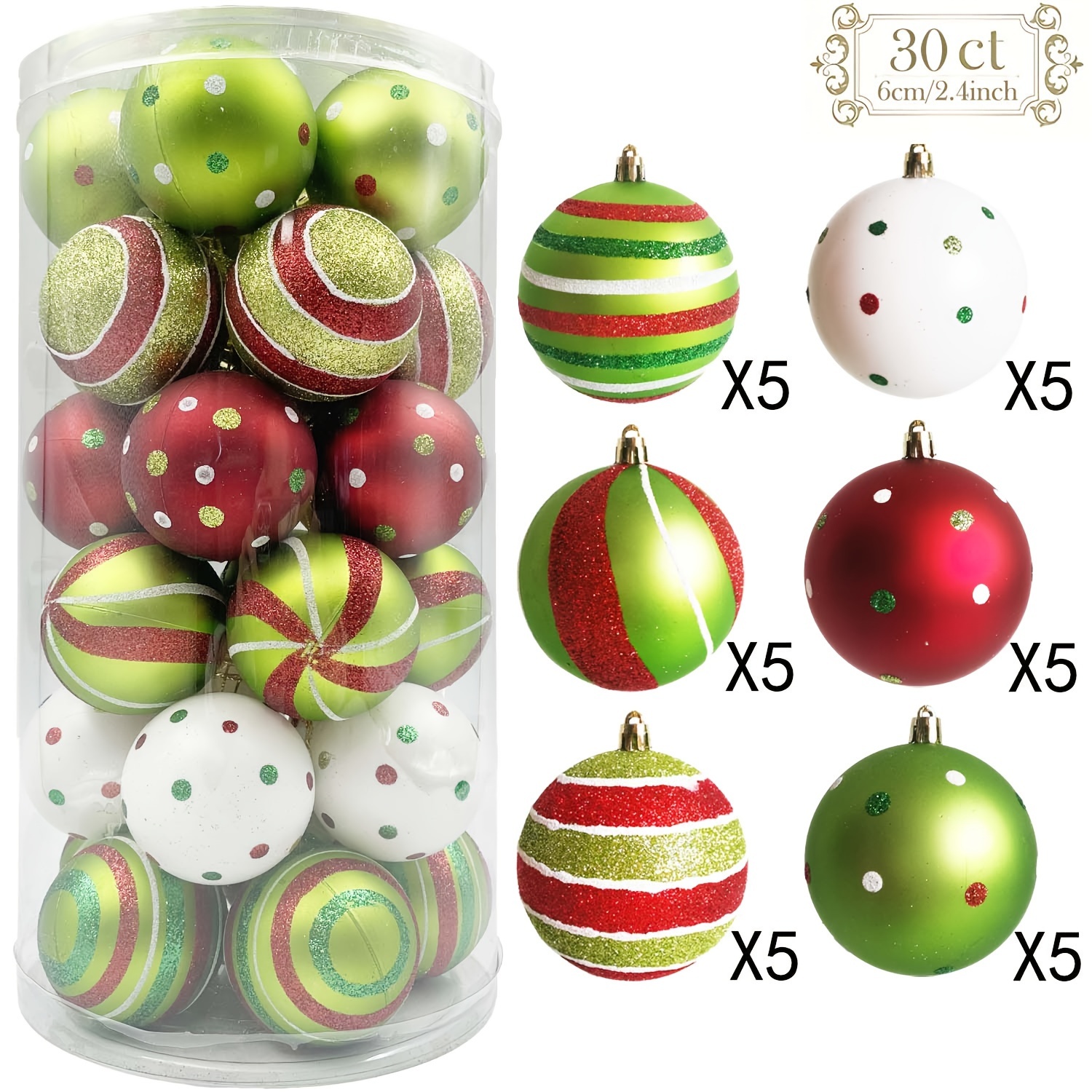 TEMU 12/30pcs, 2.37 Inch Christmas Ball Ornaments, Polka Dot Hanging Christmas Balls For Tree Decoration, Sparkling Red, Green, And White Plastic