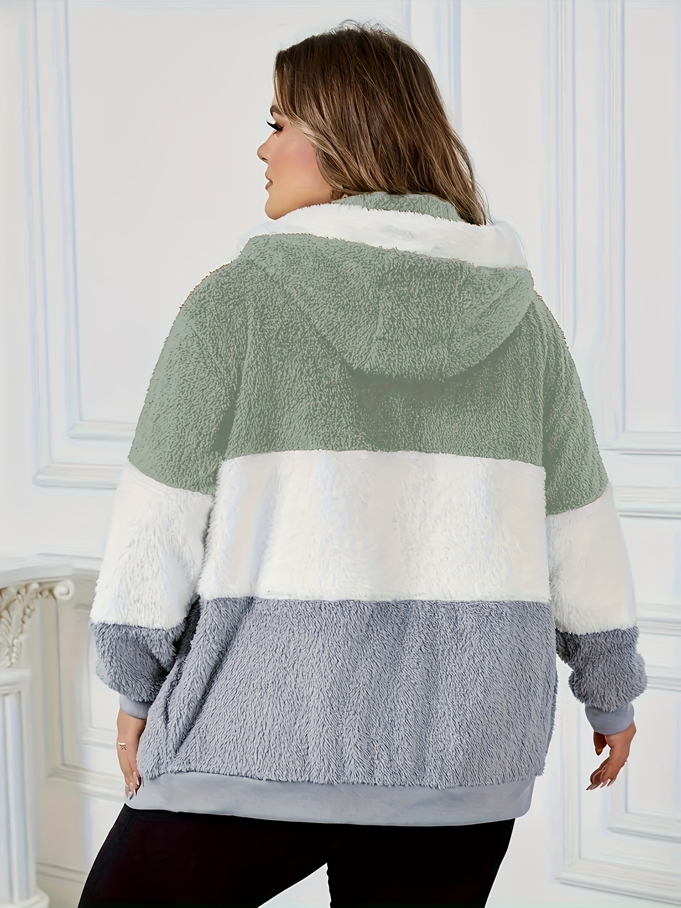 Chamarra elegante para mujer con capucha forrada en peluche y cierres metálicos, diseño color block, abrigo de invierno holgado, lavable en máquina, ropa exterior para clima frío en otoño e invierno, abrigos de invierno para damas, comodidad con forro de peluche